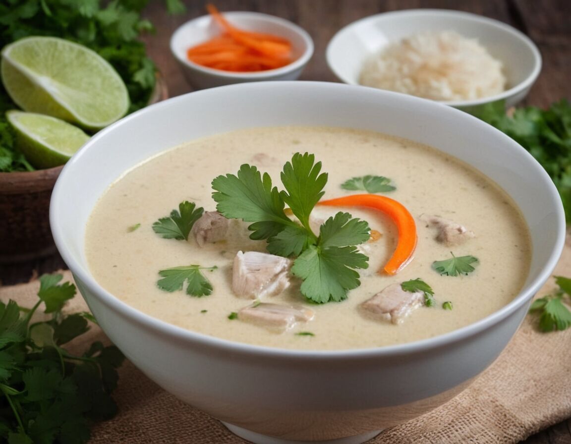 Suppe heiß servieren, nach Wunsch mit Koriander garnieren - Authentisches Tom Kha Gai Rezept: So gelingt die thailändische Suppe perfekt zu Hause