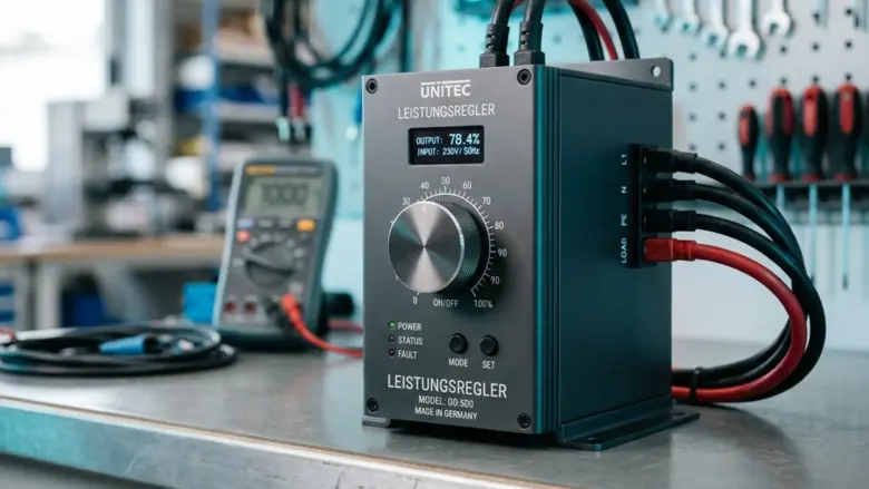 Professionelle Studioaufnahme eines modernen elektronischen Leistungsreglers auf einer Werkbank mit Drehknopf, Display und industriellem Hintergrund